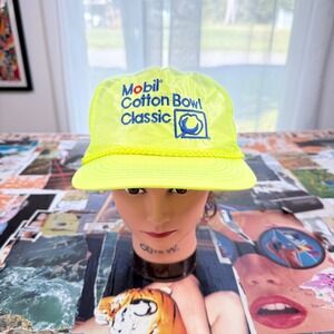 Vintage Mobil Cotton Bowl Classic Neon Yellow Hat Cap‎ Adjustable Adult